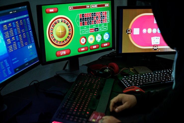 Tampilan jendela permainan langsung dengan pemain dan dealer